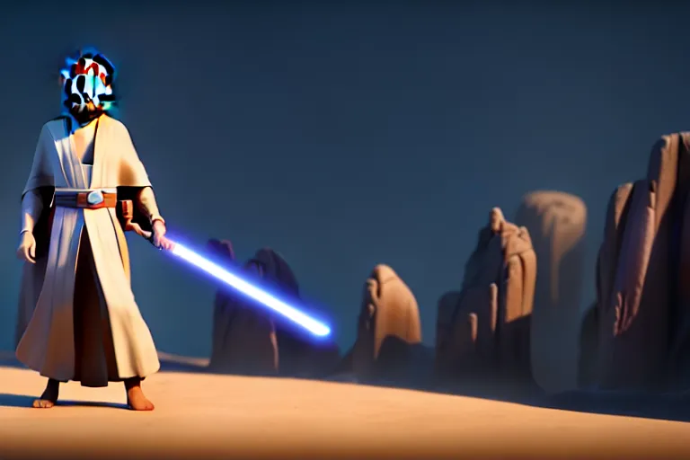 Image similar to obi wan kenobi, screenshot in a typical pixar movie, disney infinity 3 star wars style, volumetric lighting, subsurface scattering, photorealistic, octane render, josh black