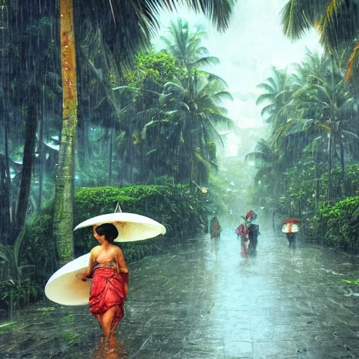 Image similar to monsoon on tropical island, ornate, beautiful, atmosphere, vibe, mist, coconuts, rain, wet, pristine, puddles, melting, dripping, snow, creek, lush, ice, bridge, forest, roses, flowers, by stanley artgerm lau, greg rutkowski, thomas kindkade, alphonse mucha, loish, norman rockwell