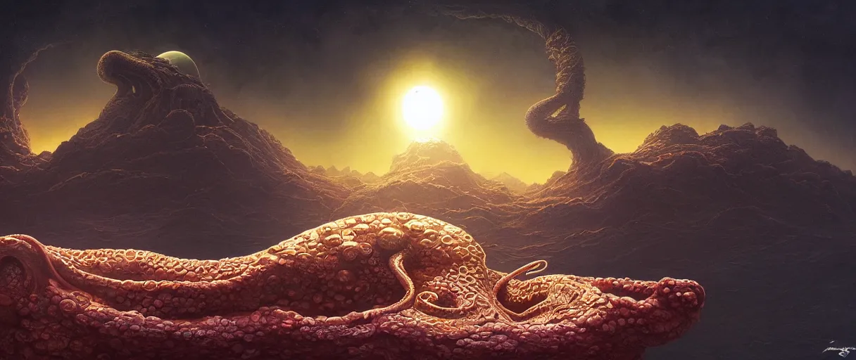 Image similar to detailed hyper realistic alien octopus demigod which looks deeply intimidating, menacing alien snake, floating island on a barren exoplanet, beautiful dramatic moody lighting, cinematic atmosphere, by Jean Giraud, Alex Grey, Zdzislaw Beksiński, Dan Mumford, Patiphan Sottiwilaiphong, Yintion J - Jiang Geping