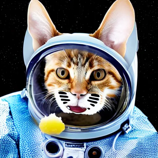 Prompt: cat in spacesuit with hamster in her mouth