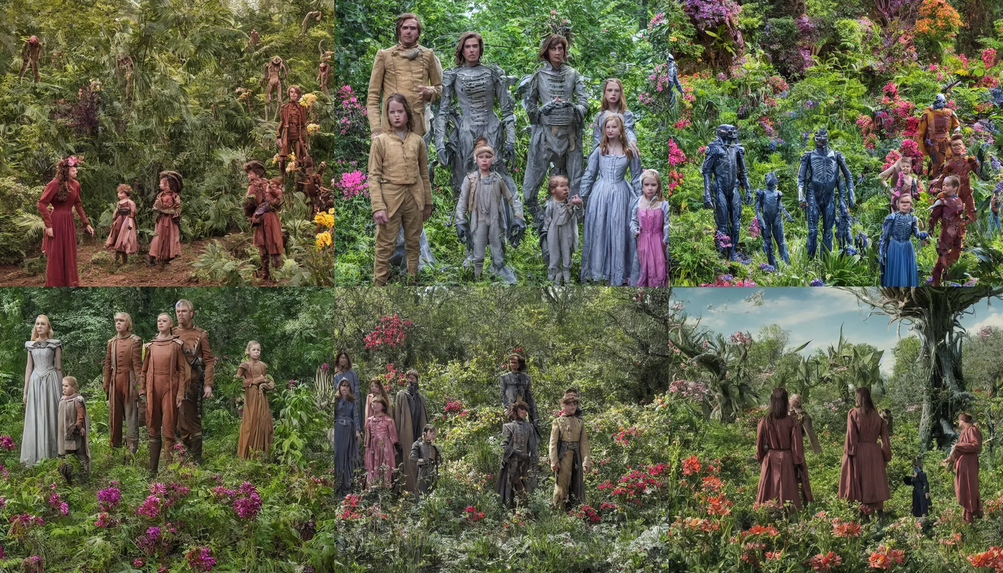 Prompt: sharp, highly detailed, 435456k film, 1612800mm film still from a sci fi blockbuster color movie made in 2019, set in 1860, of a family standing in a park, next to some strange alien plants and flowers, on an alien planet, the family are all wearing 1860s era clothes, good lighting, good photography, ultra high definition, in focus, 35mm macro lens