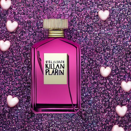 Image similar to a bottle of Kilian perfume, Kilian Love Don't Be Shy, the bottle of perfume is laying on pink sugar crystals, high resolution photo,