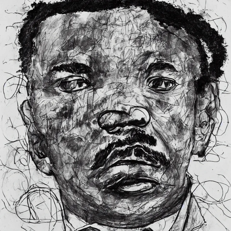 Image similar to A loose messy wild ink sketch portrait of Martin Luther King in the style of Ralph Steadman and Paul Klee, caricature, dramatic