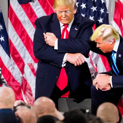 Prompt: Mike pence kneeling down next to Donald trump helping him put his belt on, 8k,