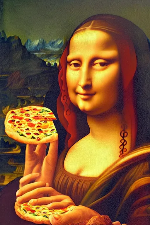 Prompt: ambient light, painting of a woman holding a slice of pizza in her hands, the slice of pizza is held in mid air, near her face, in the artistic style of mona lisa