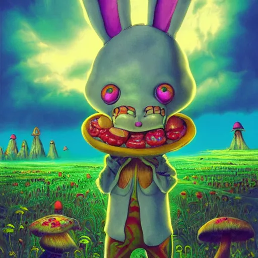 Image similar to 4 k headshot portrait of a psychedelic demonic anthropomorphic bunny rabbit with mushroom themed clothes, magic mushroom village in background by jeff easley, award winning, stylized neon, post - processing, masterpiece, superb resolution. in the art style of junji ito and greg rutkowski. detailed mushroom city in background. hyper realistic anime. perfect art. dalle 2