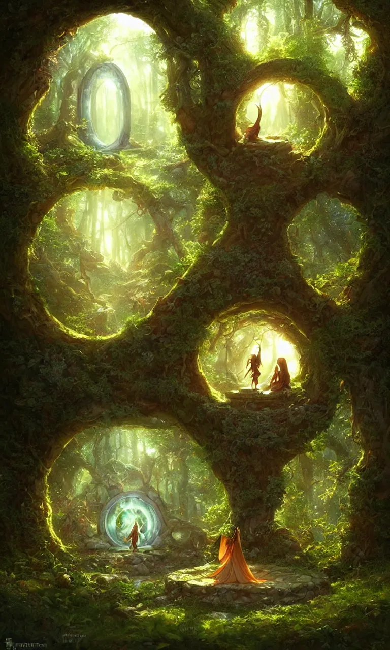 Prompt: Fantasy Magical fairy-tale portal in the forest. Round stone portal teleport in trees to other worlds. Fantastic landscape. Magic Altar in the fores, highly detailed, digital painting, artstation, concept art, smooth, sharp focus, illustration, art by artgerm and greg rutkowski and alphonse mucha