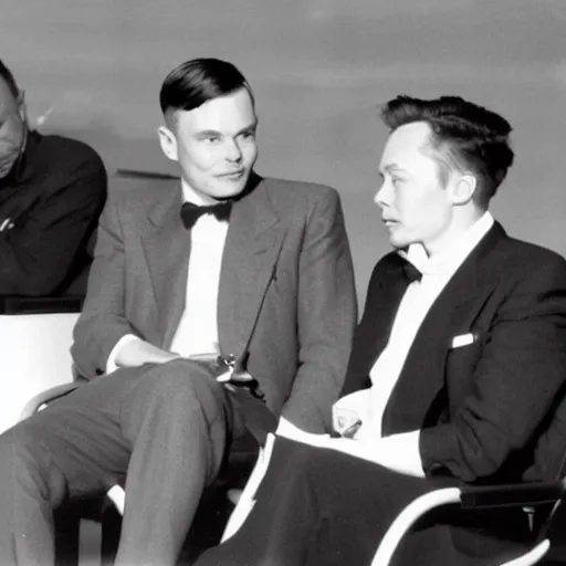 Image similar to alan turing sitting next to elon musk talking