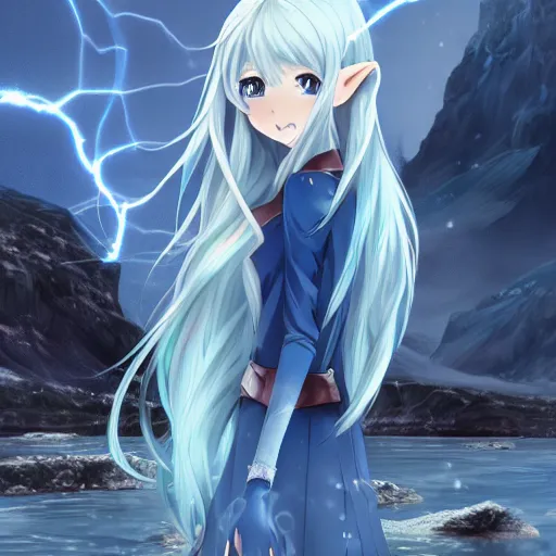 Image similar to a very beautiful anime elf girl, full body, long straight silver hair, sky blue eyes pointy ears, full round face, short smile, casual clothes, ice snowy lake setting, cinematic lightning, medium shot, mid-shot, highly detailed, trending on Artstation, Unreal Engine 4k, cinematic wallpaper by Stanley Artgerm Lau, WLOP, Rossdraws, James Jean, Andrei Riabovitchev, Marc Simonetti, and Sakimichan