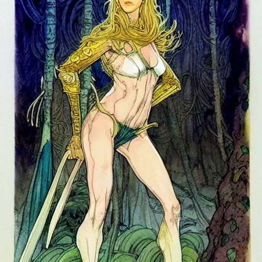 Prompt: a realistic and atmospheric watercolour fantasy character concept art upper body image of a young jane fonda in her 2 0 s posing as a druidic warrior wizard looking at the camera with an intelligent gaze by rebecca guay, michael kaluta, charles vess and jean moebius giraud