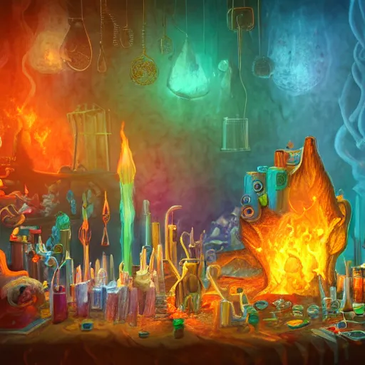 Image similar to these monsters are consumed by fire, yet they remain unharmed. they are surrounded by the tools of the alchemist's trade - beakers and test tubes full of colorful liquids, crystals, and books of ancient knowledge. the scene is suffused with an eerie glow, as if something magical is happening here. cinematic photorealistic