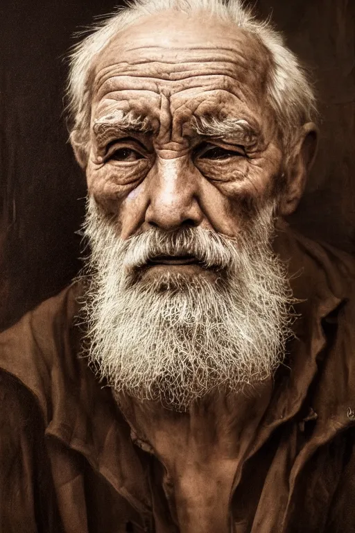 Image similar to a portrait of an old man with a solemn look and deep expression in his eyes, oil on canvas, highly detailed, strong lighting, cinematic, HD, 4K