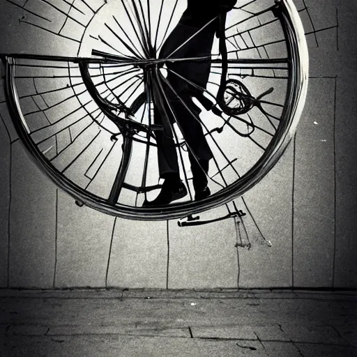 Prompt: riding a penny farthing into the far future, stylized photo