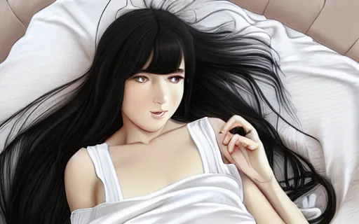 Image similar to little girl with her long black hair dressed in a simple white dress laying down on an bed, anime art style, digital art by ilya kuvshinov, inspired by balthus, hd, 4 k, hyper detailed, rear view