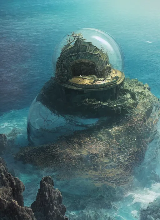 Image similar to masterpiece artwork of a underwater dome inside the ocean, au naturel, hyper detailed, digital art, trending in artstation, cinematic lighting, studio quality, smooth render, unreal engine 5 rendered, octane rendered, art style by klimt and nixeu and ian sprigger and wlop and krenz cushart