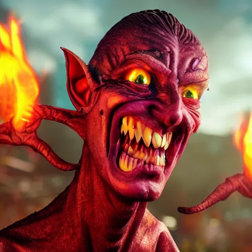 Prompt: a frightening, enraged elf with violet skin reflecting a fiery scene, a scarred face, a bob haircut, and bushy eyebrows, grinning, with hell aflame behind them, in the style of gary frank and rafael albuqurque, rendered in unreal engine