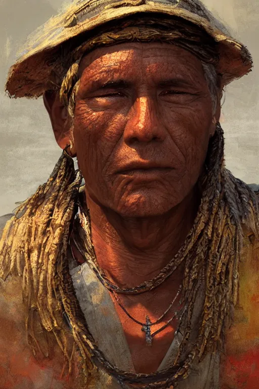 Image similar to aztec fisherman, close - up portrait, poor, intricate, elegant, volumetric lighting, scenery, digital painting, highly detailed, artstation, sharp focus, illustration, concept art, ruan jia, steve mccurry