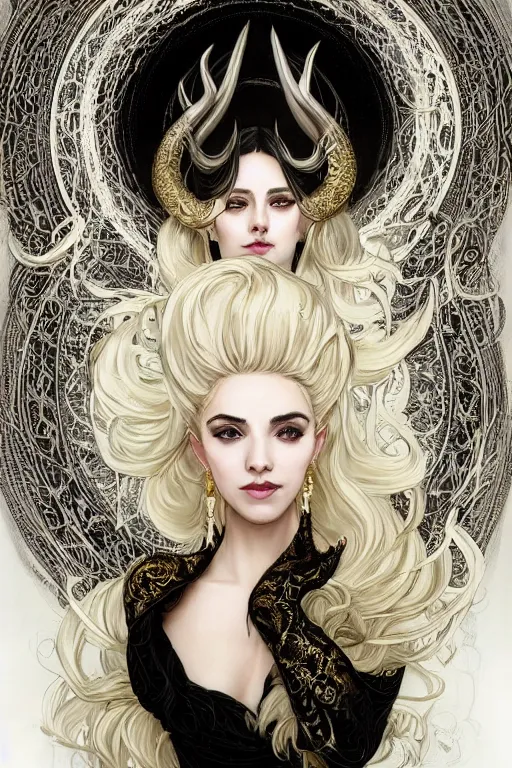 Image similar to fullbody!! of a beautiful woman with white hair, big natural horns on her head, long flowing intricate black lace dress, gold jewellery, dnd, face, fantasy, intricate, elegant, highly detailed, digital painting, artstation, concept art, smooth, sharp focus, illustration, art by artgerm and greg rutkowski and alphonse mucha