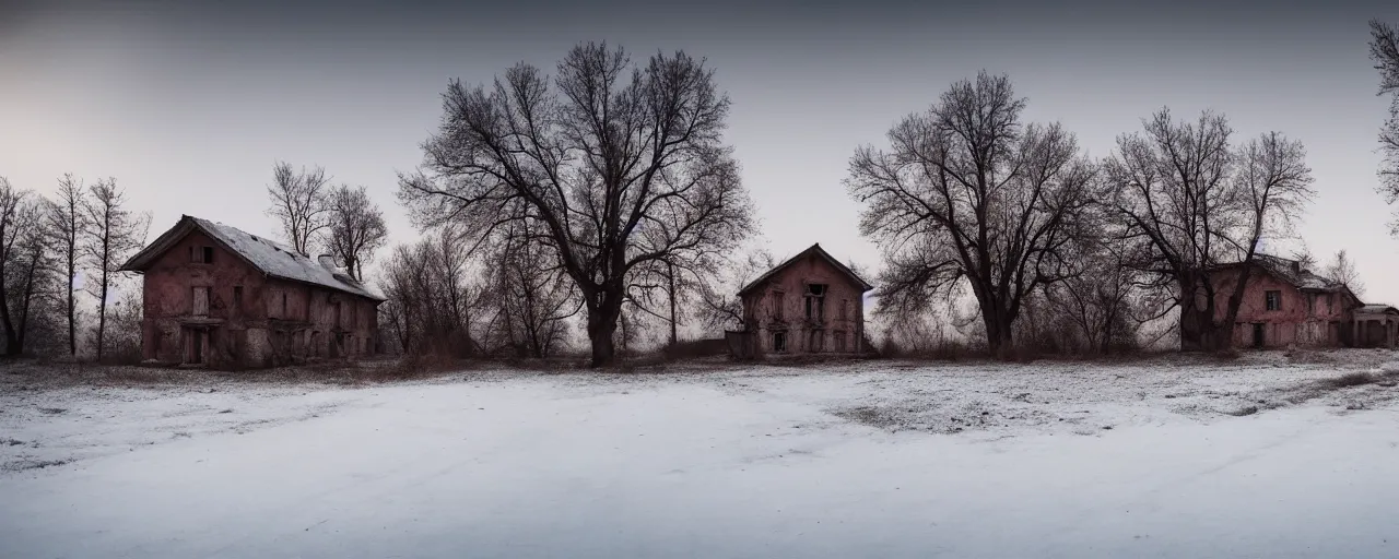 Image similar to landscape, soviet farmhouse, abandoned, lifeless, winter, atmospheric, mystical, very detailed 4 k