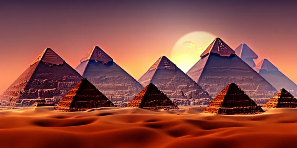 Image similar to beautiful scene render of a huge egyptian pyramids, ultra wide angle, the style of andreas rocha, raphael lacoste, scene render, hyper detailed, atmospheric lighting, perfect shadow, 4 k hd