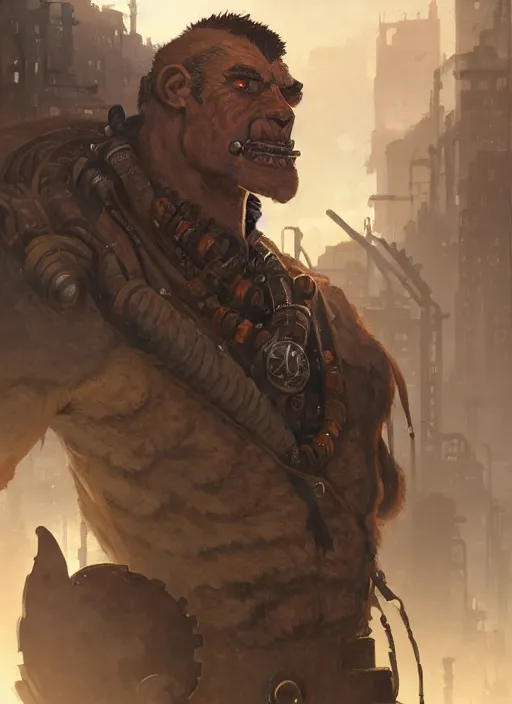 Image similar to a portrait of a ruggedly handsome dieselpunk orc with humanlike features in a city, key visual, ambient lighting, highly detailed, digital painting, artstation, concept art, sharp focus, by makoto shinkai and akihiko yoshida and hidari and wlop