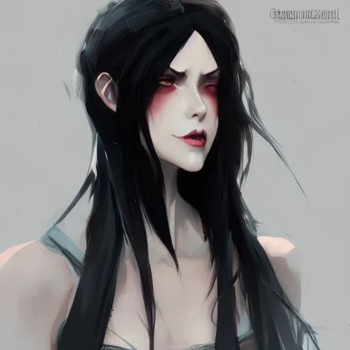 Image similar to female human vampire witch in the style of greg rutkowski, makoto shinkai, trending on artstation, character design, concept art, pretty face, highly detailed, long black hair, portrait, digital art