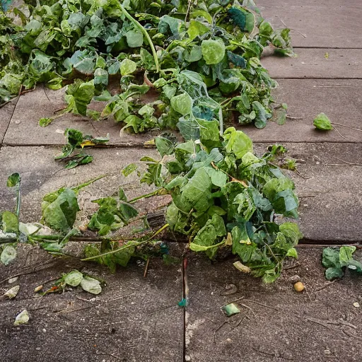 Image similar to a ransacked grocery store, broken signs, filthy flooring. Vines growing. Award-winning photo. OM system 12–40mm PRO II 40mm, 1/100 sec, f/2 8, ISO 800