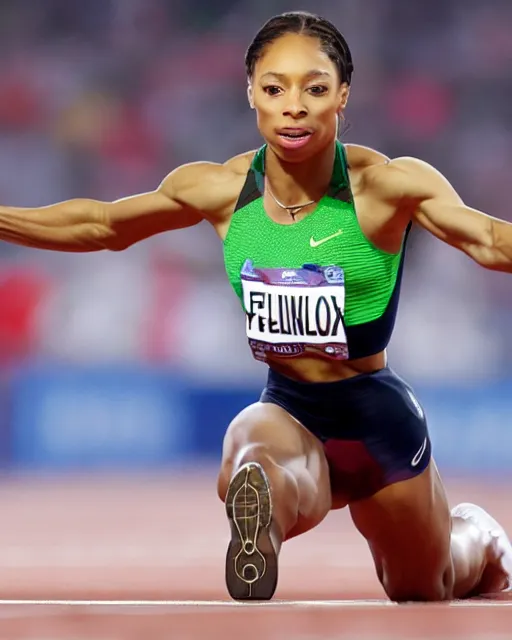 Image similar to allyson felix, crouching at the 2 0 0 - meter starting line, hyperreal, sports photography in the style of neil leifer