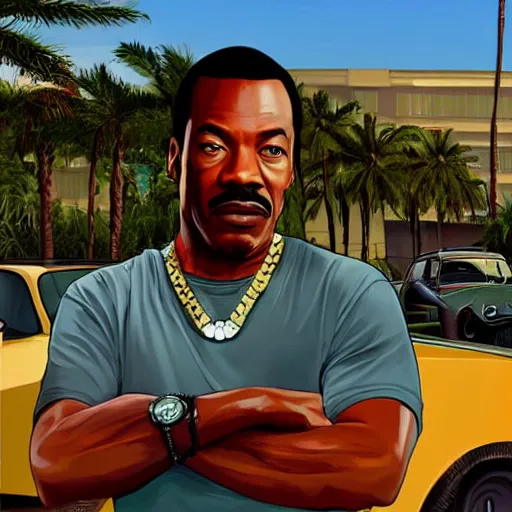 Image similar to Eddie Murphy in GTA V. Los Santos in the background, palm trees. In the art style of Stephen Bliss