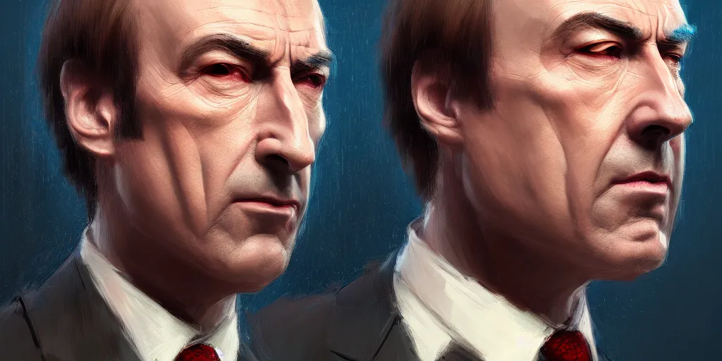 Prompt: ultra detailed facial close up of saul goodman in a lawyer suit, extremely detailed digital painting, in the style of fenghua zhong and ruan jia and jeremy lipking and peter mohrbacher, mystical colors, rim light, beautiful lighting, 8 k, stunning scene, raytracing, octane, trending on artstation