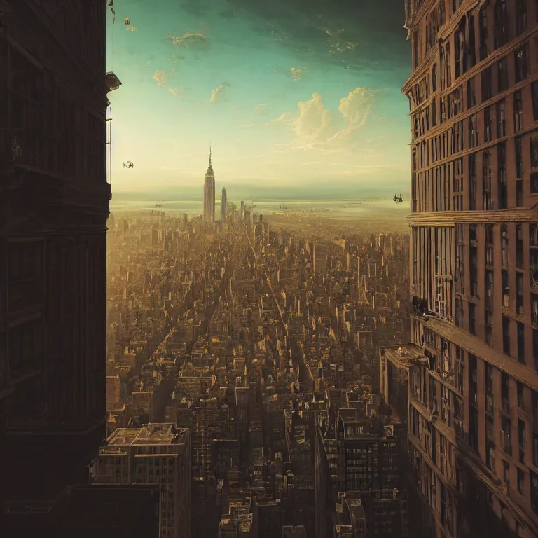 Image similar to a rapper looking at new york from a rooftop, dream - like atmosphere, symmetrical baroque painting, perfect composition, beautiful detailed intricate insanely detailed octane render trending on artstation, 8 k artistic photography, photorealistic, soft natural volumetric cinematic perfect light, chiaroscuro, award - winning photograph, masterpiece, raphael, caravaggio, greg rutkowski, beeple