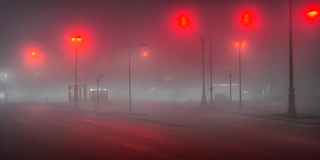 Prompt: city in fog, a bit of red light, mood, award winning photography