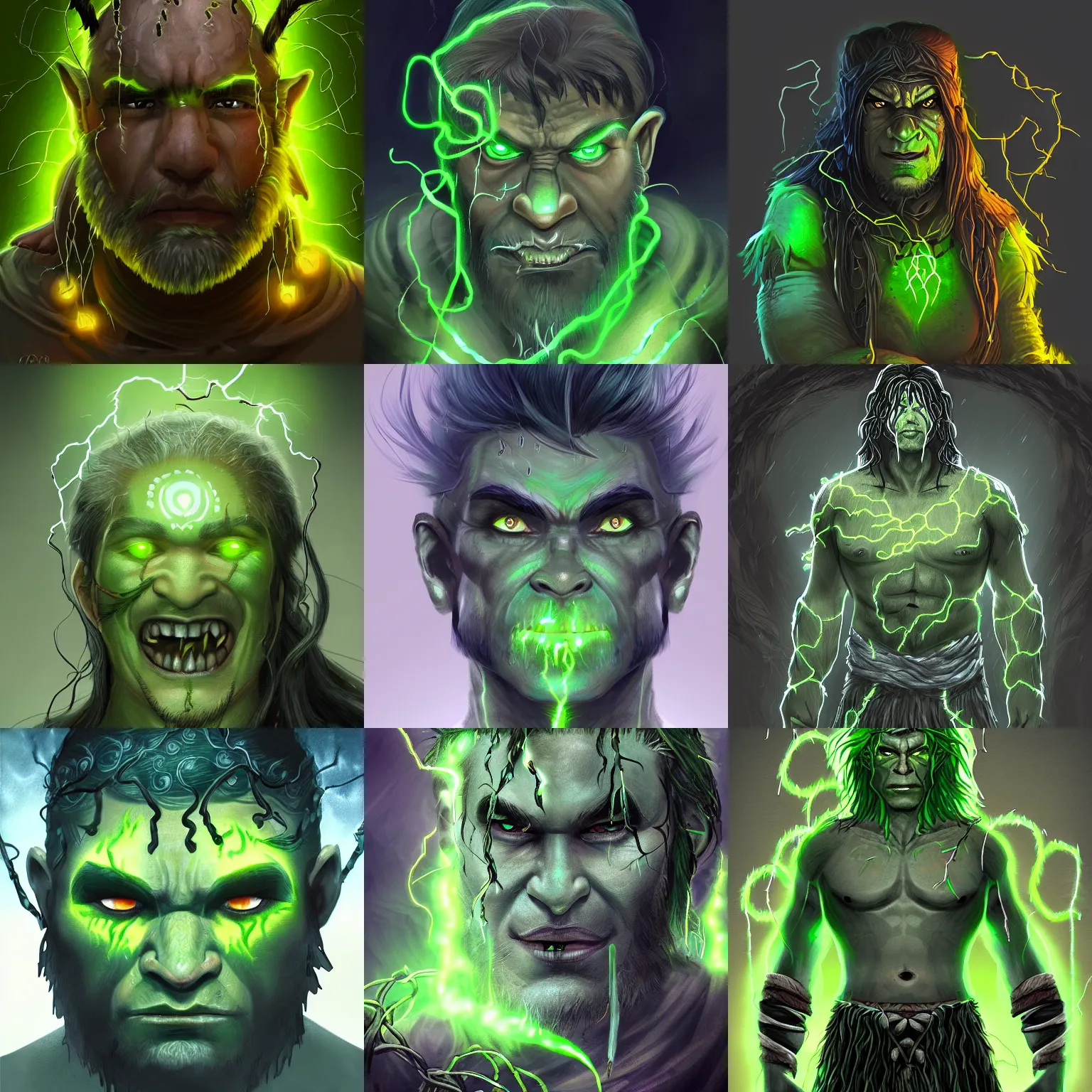 Prompt: half - orc shaman with long wiry grey hair, vines in hair, glowing green eyes, glowing tattoos, lightning in background, rainy background, character concept art, artstation, digital art