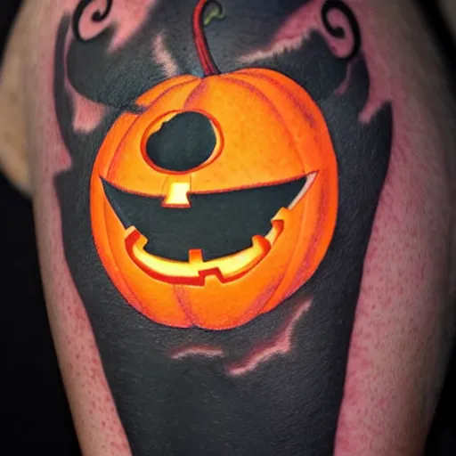 Image similar to cartoon tattoo of a halloween pumpkin with glowing eyes on shoulder with light shading in the background, night time scene in graveyard with full moon and bats flying, mist