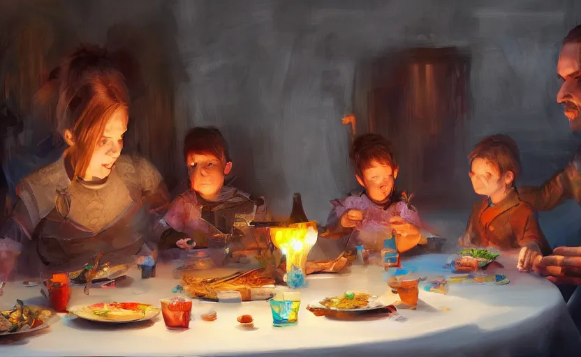 Image similar to high quality high detail painting by jaime jones, family dinner, trending on artstation, hd