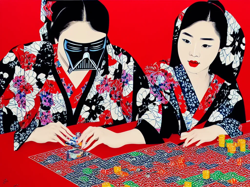 Image similar to hyperrealism composition of the detailed woman in a japanese kimono sitting at an extremely detailed poker table with darth vader, fireworks and folding screen on the background, pop - art style, jacky tsai style, andy warhol style, acrylic on canvas