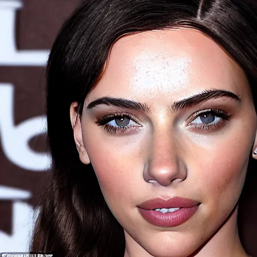 Image similar to a woman who is a genetic combination of kim kardashian and kat dennings and scarlett johansson and margot robbie and emma watson, face and upper - body focus, detailed eyes