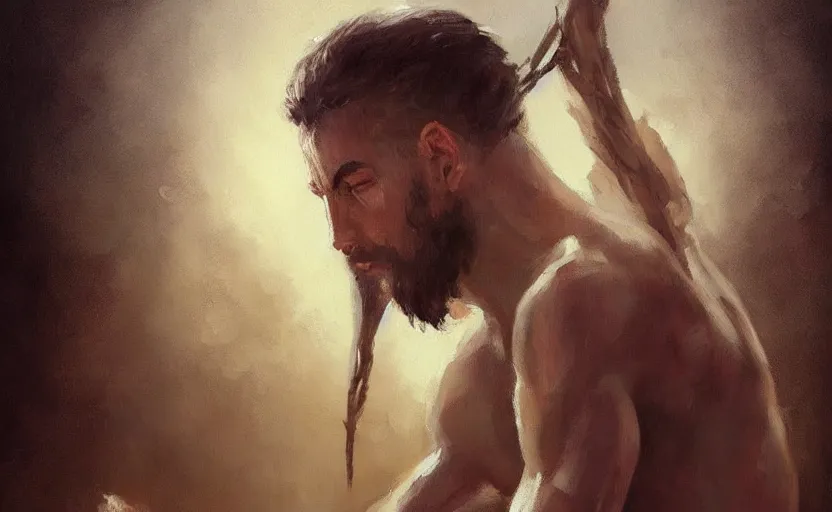 Image similar to a painting of the all father trending on artstation in the style of greg rutkowski, beautiful, young male, sensual, wise, natural skin, leader, 1 9 0 0 s, industrialization, loin cloth