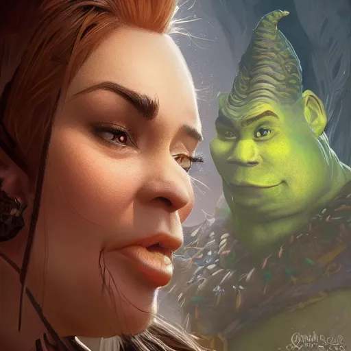 Prompt: Shrek de Rivia closeup, D&D, fantasy, intricate, elegant, highly detailed, digital painting, artstation, concept art, matte, sharp focus, illustration, hearthstone, art by Artgerm and Greg Rutkowski and Alphonse Mucha