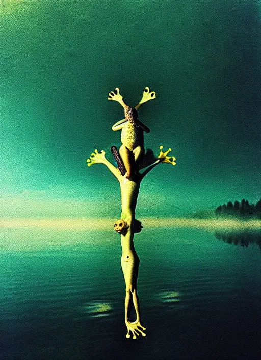 Prompt: “frog in jesus christ pose vertically hovering above calm lake waters, distant misty forest horizon, low angle shot, long cinematic shot by Andrei Tarkovsky, paranormal, eerie, mystical”