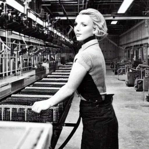 Image similar to vintage monochrome photograph of Britney Spears working in a munitions factory, 8k, highly detailed, highly intricate,