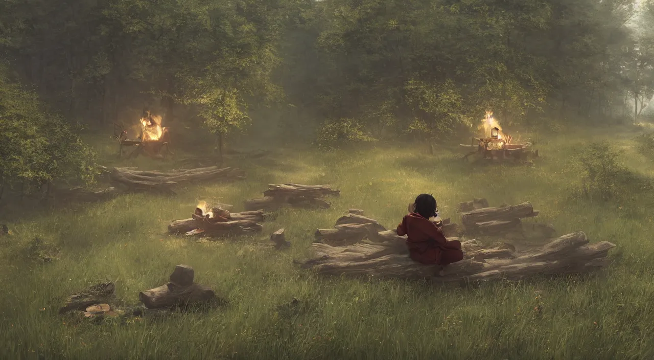 Image similar to A panoramic photograph of a girl with short black hair in a tan tenchcoat sitting on a log and drinking tea by the campfire at night in a grove, large landscape with a village in the valley, ray tracing final fantasy cinematic trailer, Jakub Rozalski