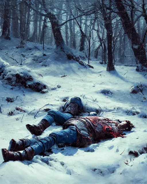 Image similar to Highly realistic oil painting of a wounded knight lying in the snow, surrounded by blue flowers, blood on flowers, by greg rutkowski, highly detailed, cinematic lighting, moody, dark