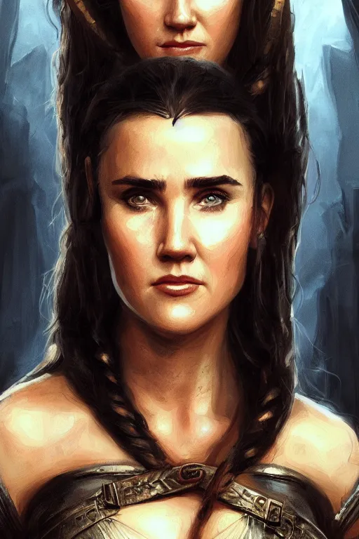 Prompt: portrait of Young Jennifer Connelly as Xena warrior princess , face portrait, raphael lacoste, eddie mendoza, alex ross, concept art, matte painting, highly detailed, rule of thirds, dynamic lighting, cinematic, detailed, denoised, centred