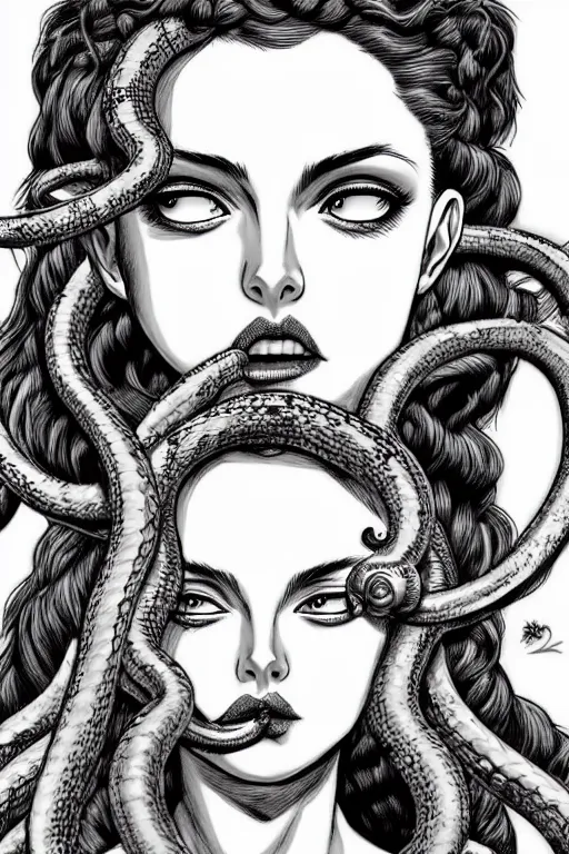 Image similar to beautiful head of medusa from greek mythology in berserk manga, angelina jolie seductive expression, big snakes heads with open mouth, snakes in place of hair, manga drawing, by kentaro miura