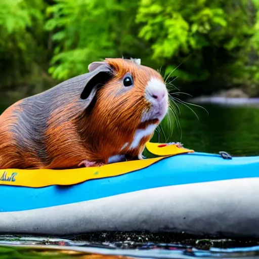 Image similar to a guinea pig sitting on a kayak on a calm stream