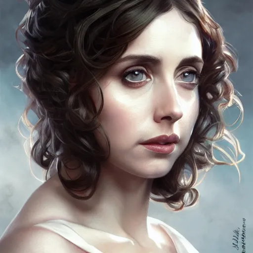 Image similar to ultra realistic illustration, alison brie wearing a curly english mustache, intricate, elegant, highly detailed, digital painting, artstation, concept art, smooth, sharp focus, illustration, art by artgerm and greg rutkowski and alphonse mucha