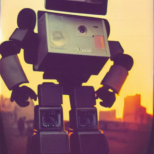 Image similar to old polaroid of a evil robot walking on a destroyed city, 8 k, uhd, golden hour, 8 0 0 mm