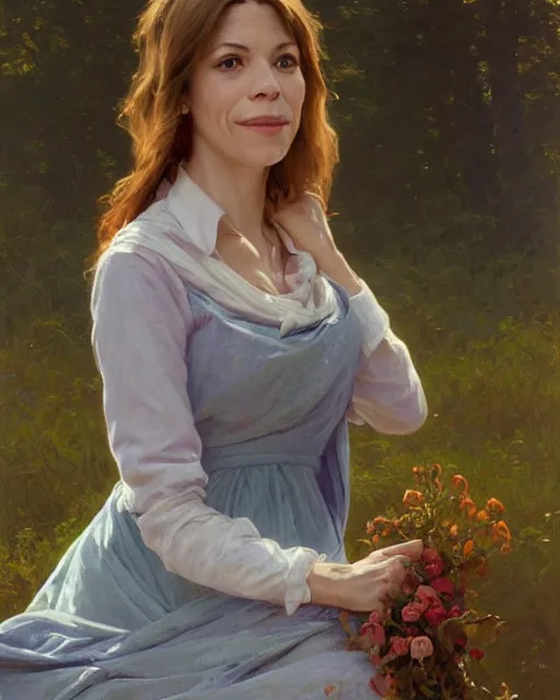 Prompt: a portrait painting of nicole de boer / sabrina lloyd / erin moriarty hybrid oil painting, gentle expression, smiling, elegant clothing, scenic background, extremely detailed and lifelike, artgerm, greg rutkowski, alphonse mucha, vladimir volegov, adolphe bouguereaum, greg hildebrandt