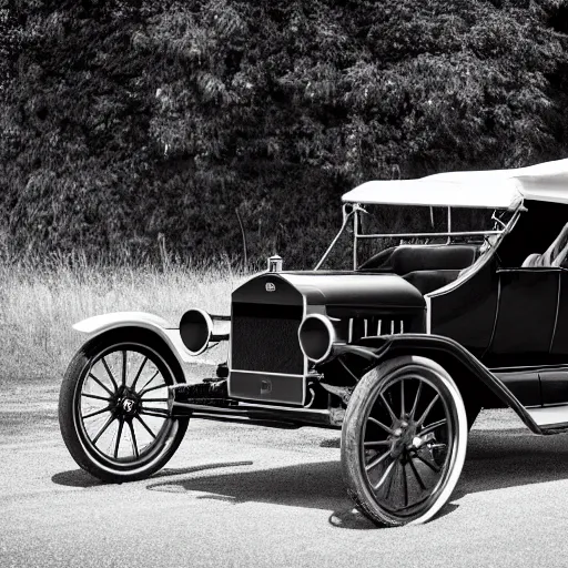 Prompt: Model T Ford with huge rims, (Sony a7R IV, symmetric balance, polarizing filter, Photolab, Lightroom, 4K, Dolby Vision, Photography Award, black and white)